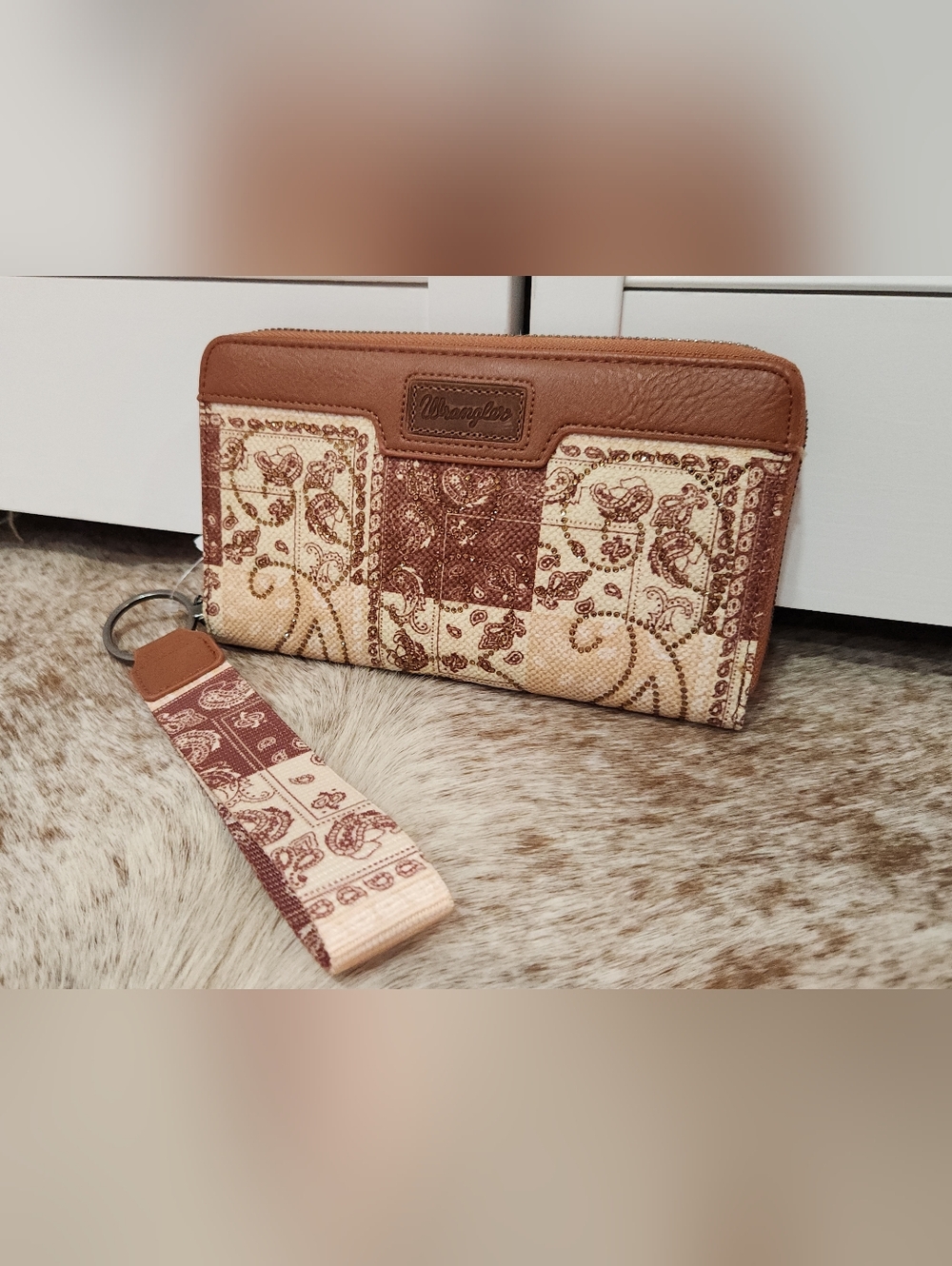 Wrangler Brown and Tan Paisley Patch Wristlet Wallet